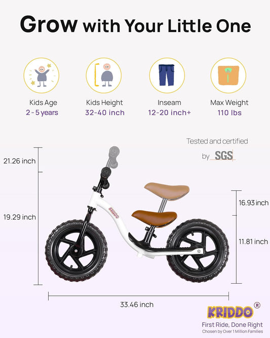 KRIDDO Toddler Balance Bike for Kids Ages 2–5 | Lightweight Training Bicycle | White