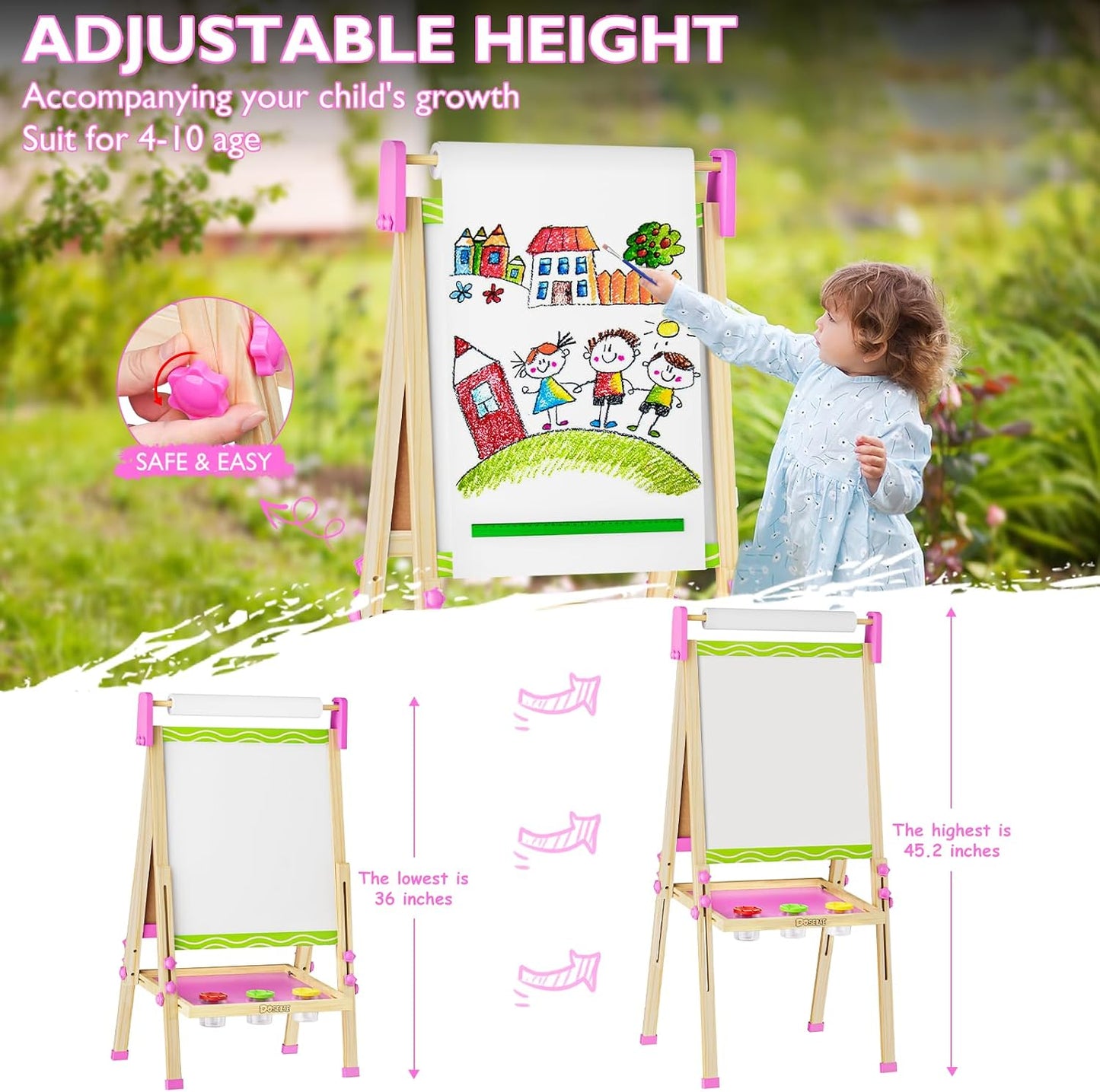 Adjustable Kids Art Easel – Double-Sided Magnetic Whiteboard & Chalkboard