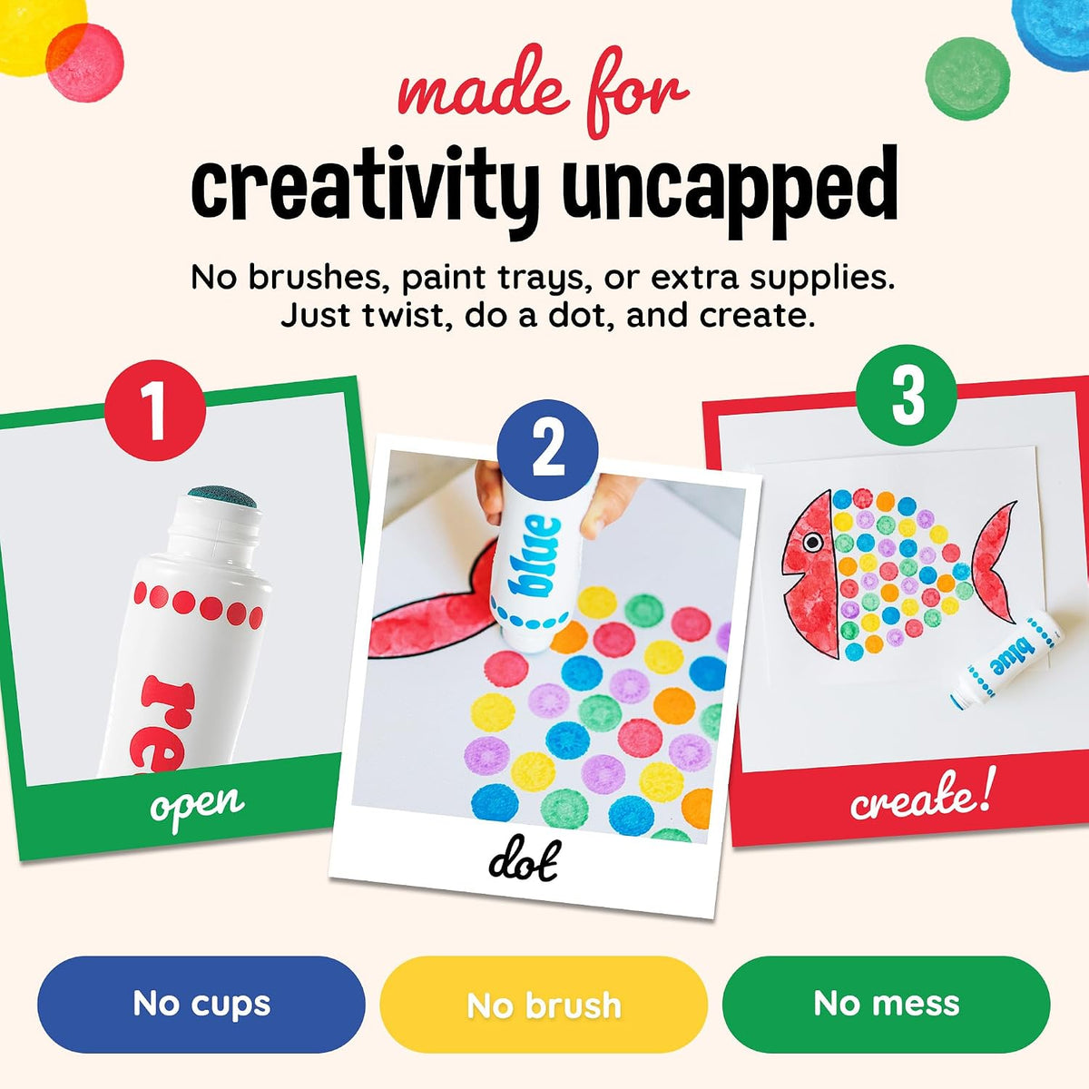 Washable Rainbow Dot Markers for Kids – 6 Color Art Set