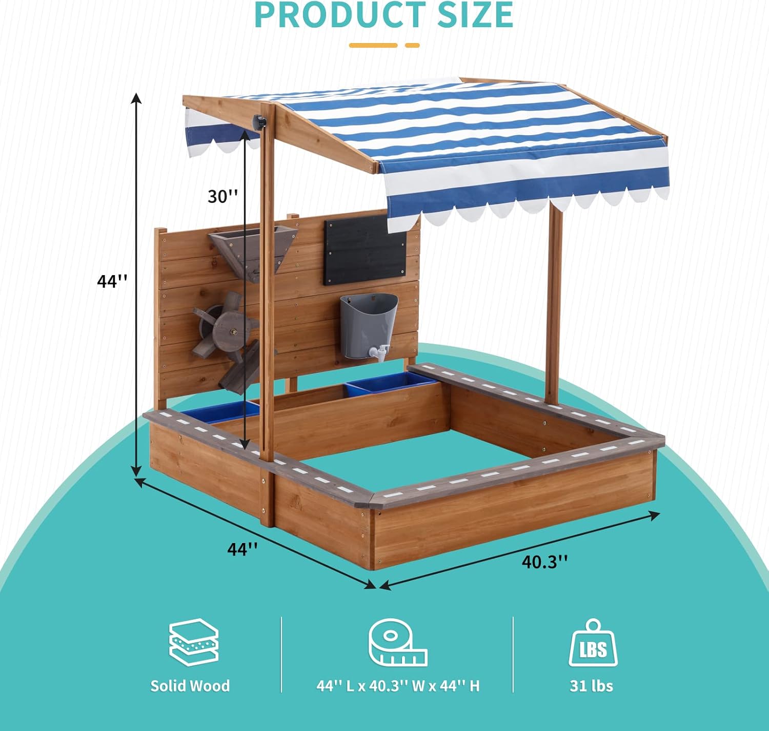 Large Wooden Sandbox with Adjustable Canopy, Drawing Board & Sand Funnel | Outdoor Kids Play Sandpit