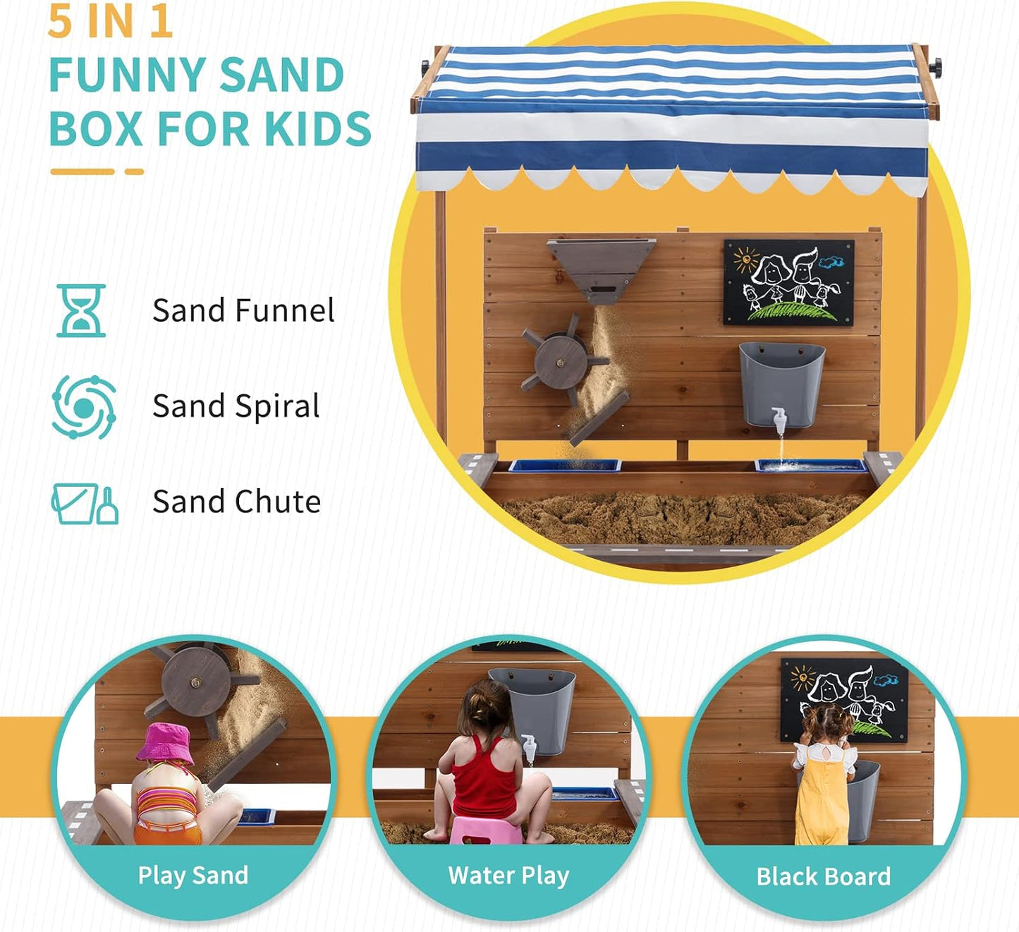 Large Wooden Sandbox with Adjustable Canopy, Drawing Board & Sand Funnel | Outdoor Kids Play Sandpit