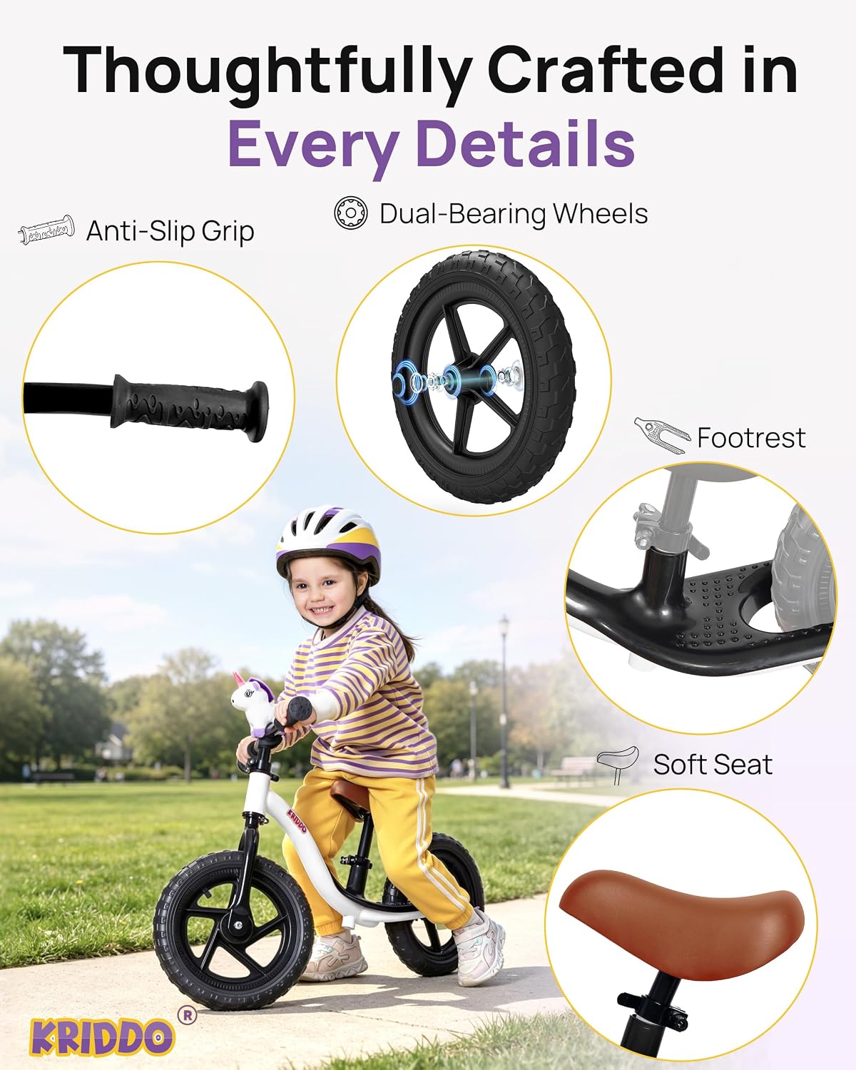 KRIDDO Toddler Balance Bike for Kids Ages 2–5 | Lightweight Training Bicycle | White