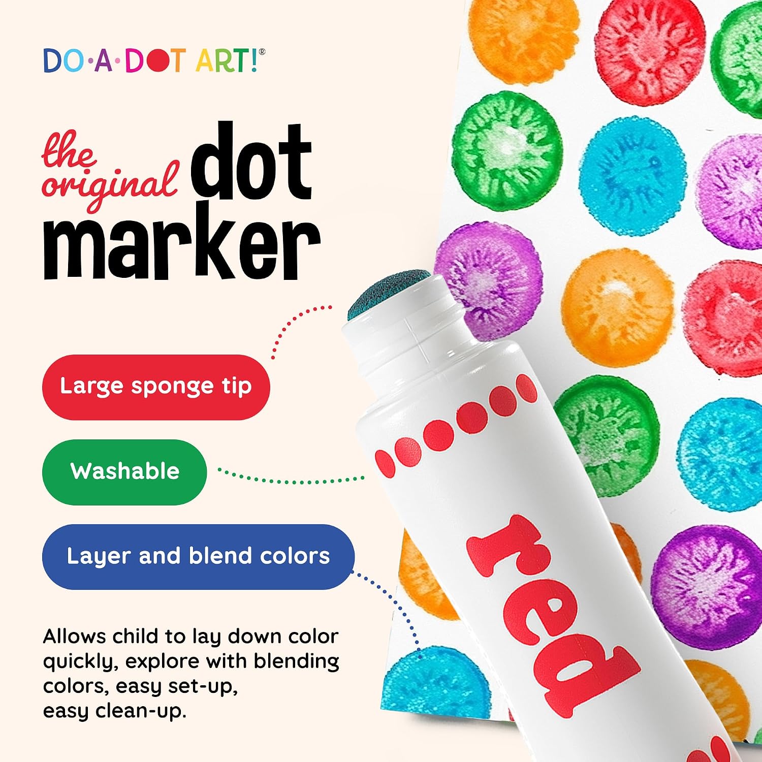 Washable Rainbow Dot Markers for Kids – 6 Color Art Set
