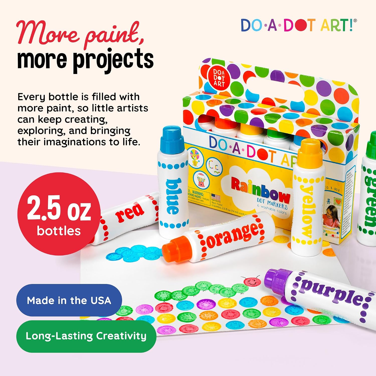 Washable Rainbow Dot Markers for Kids – 6 Color Art Set