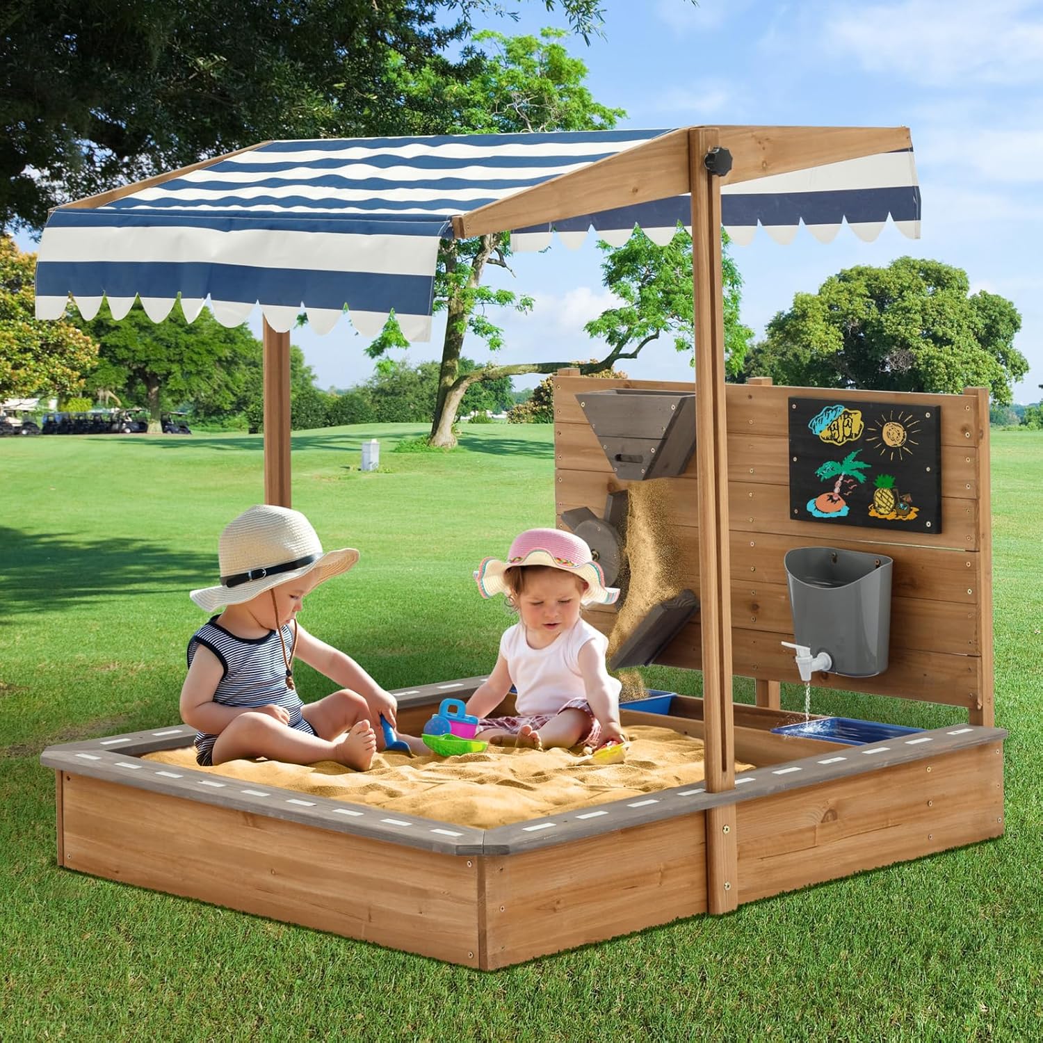 Large Wooden Sandbox with Adjustable Canopy, Drawing Board & Sand Funnel | Outdoor Kids Play Sandpit