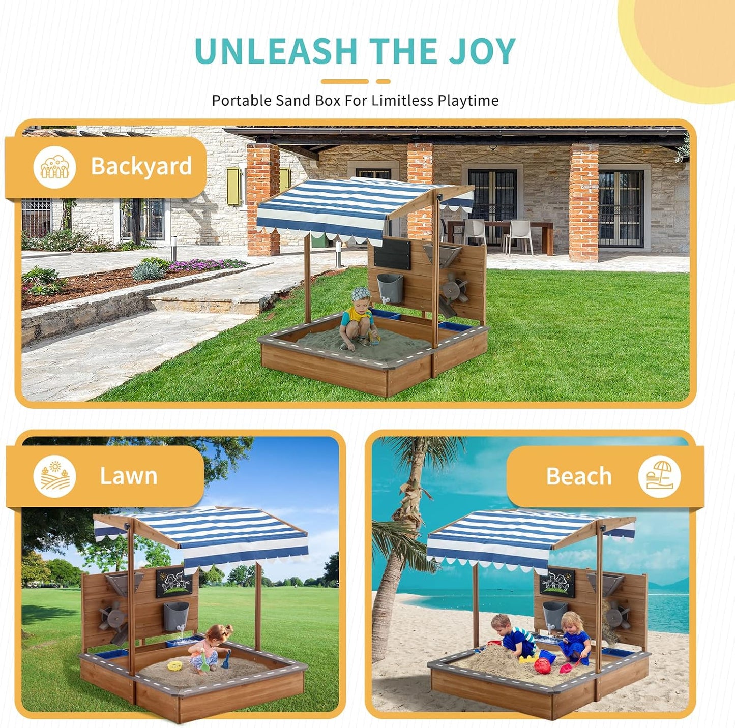 Large Wooden Sandbox with Adjustable Canopy, Drawing Board & Sand Funnel | Outdoor Kids Play Sandpit
