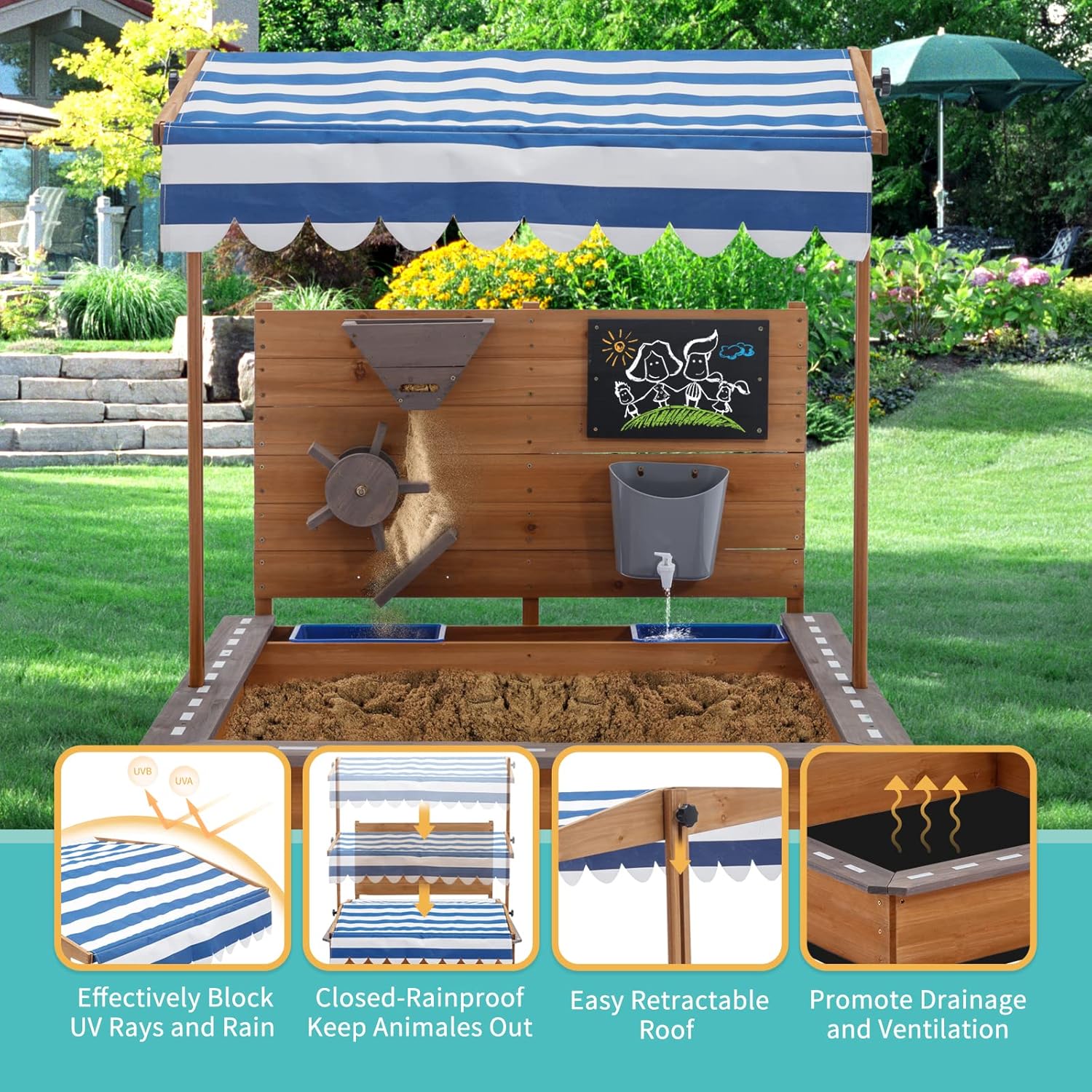 Large Wooden Sandbox with Adjustable Canopy, Drawing Board & Sand Funnel | Outdoor Kids Play Sandpit