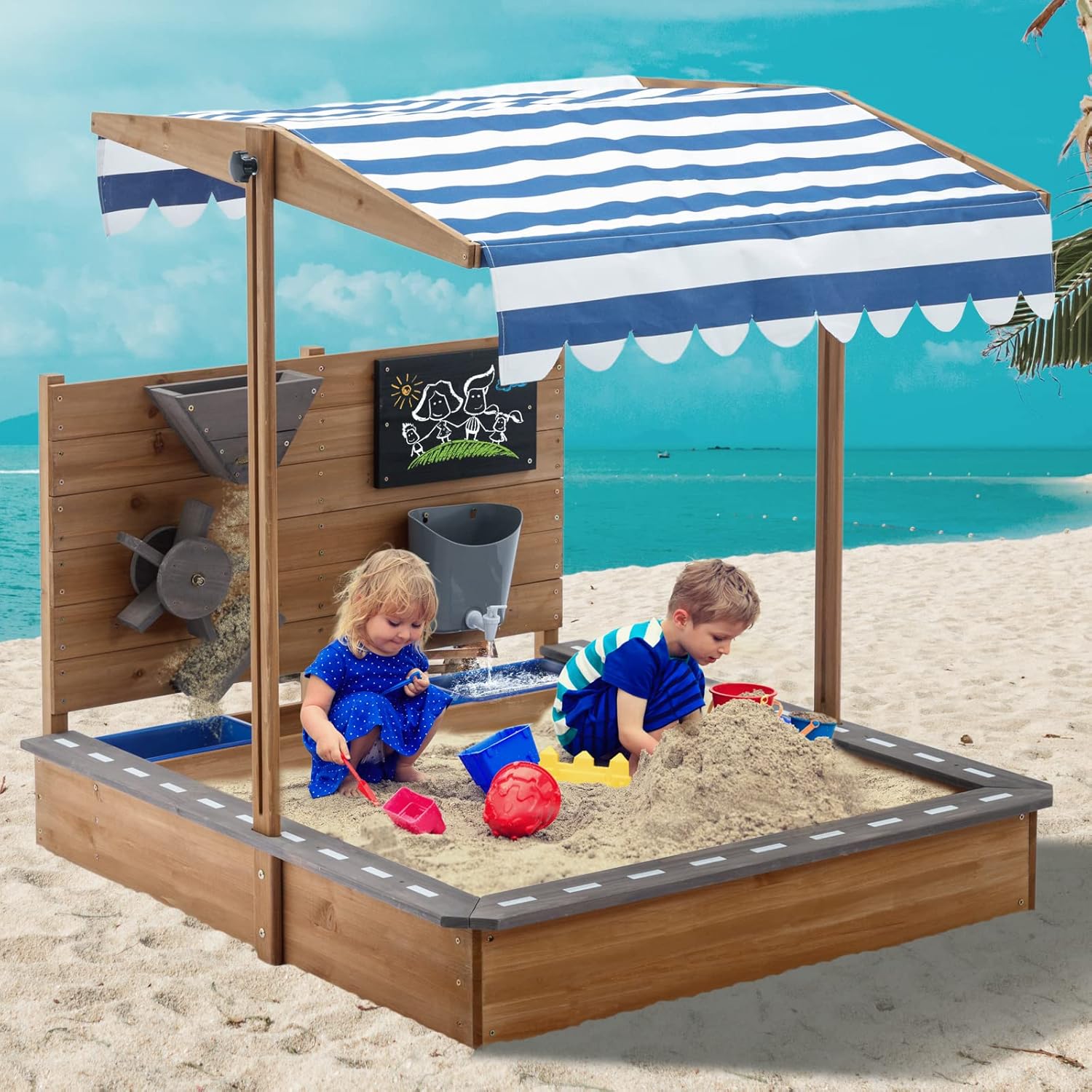 Large Wooden Sandbox with Adjustable Canopy, Drawing Board & Sand Funnel | Outdoor Kids Play Sandpit