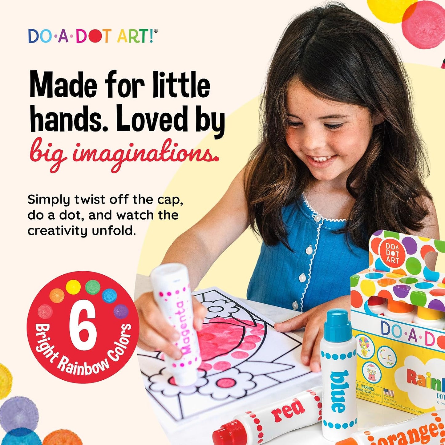 Washable Rainbow Dot Markers for Kids – 6 Color Art Set