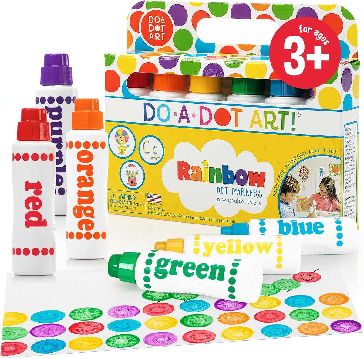 Washable Rainbow Dot Markers for Kids – 6 Color Art Set