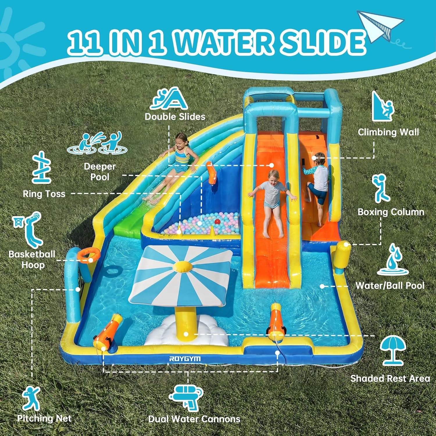 16FT Inflatable Water Park with Dual Slides, Climbing Wall & Splash Pool for Kids